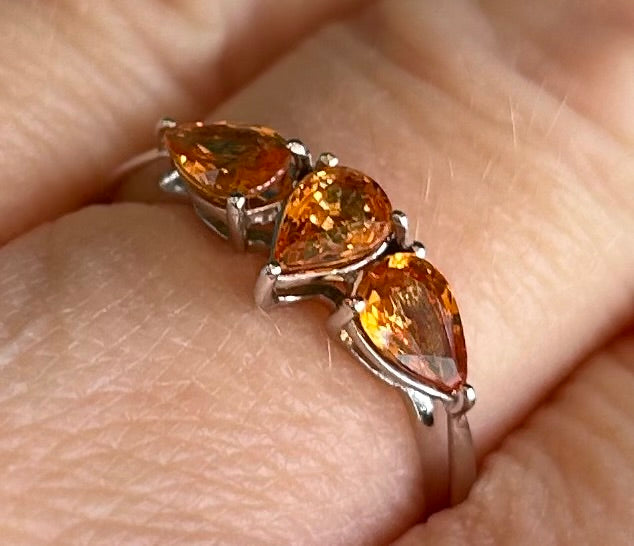 10ct White Gold Madeira Citrine Trilogy Ring Pear Cut Hallmarked