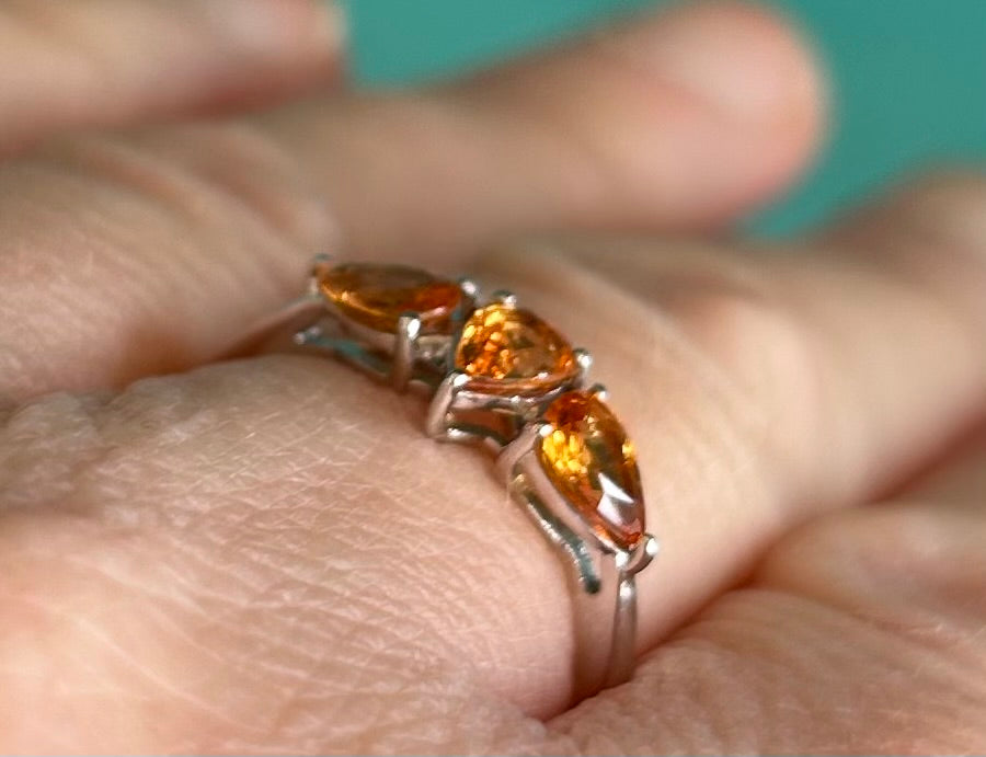 10ct White Gold Madeira Citrine Trilogy Ring Pear Cut Hallmarked