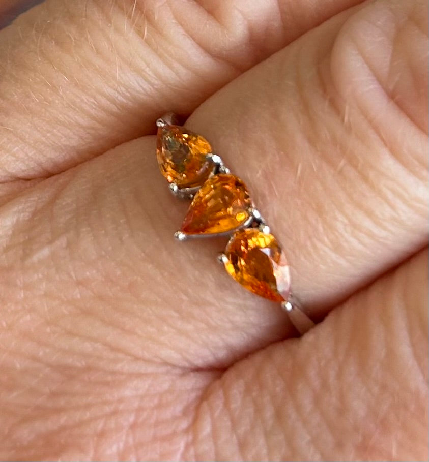 10ct White Gold Madeira Citrine Trilogy Ring Pear Cut Hallmarked