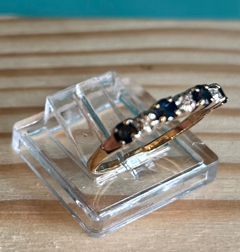 Vintage 9ct Gold Five Stone Sapphire & Diamond Ring | Size L Hallmarked