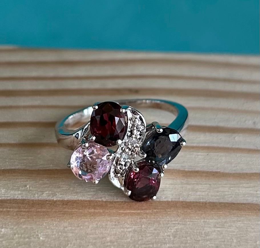 Rare TGGC Sterling Silver, Diamond & Rainbow Tourmaline Statement Ring | 925