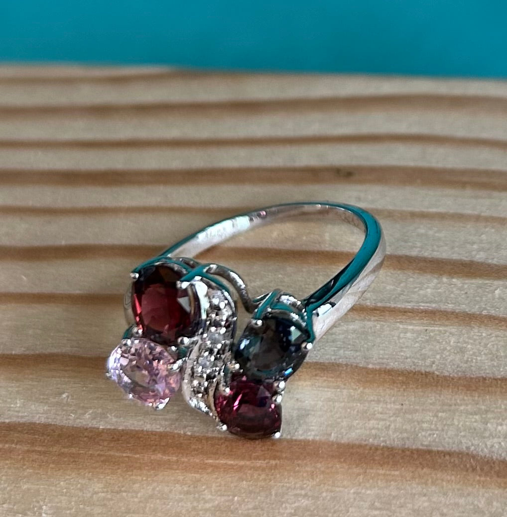 Rare TGGC Sterling Silver, Diamond & Rainbow Tourmaline Statement Ring | 925