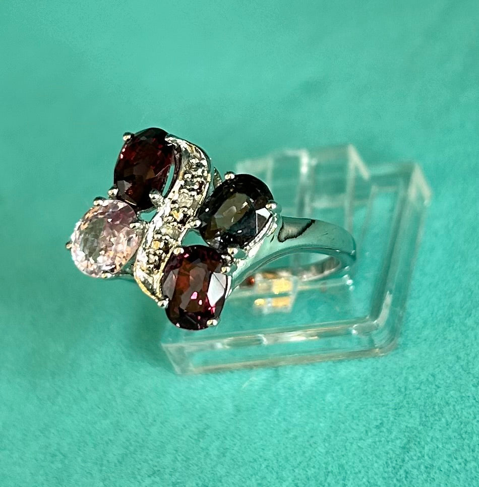Rare TGGC Sterling Silver, Diamond & Rainbow Tourmaline Statement Ring | 925