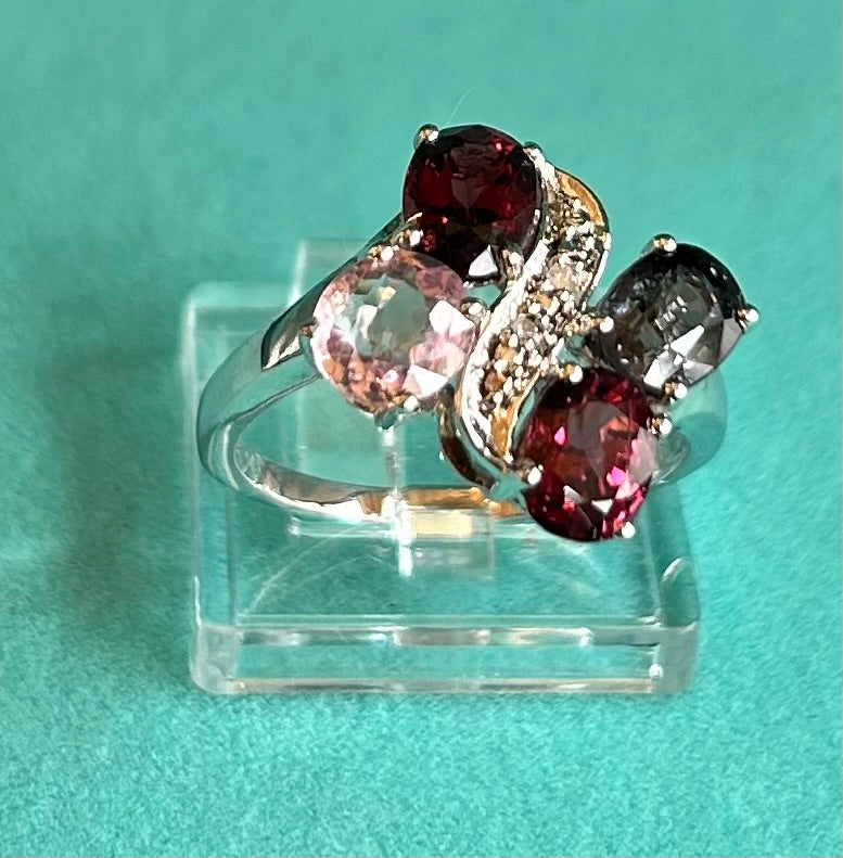 Rare TGGC Sterling Silver, Diamond & Rainbow Tourmaline Statement Ring | 925