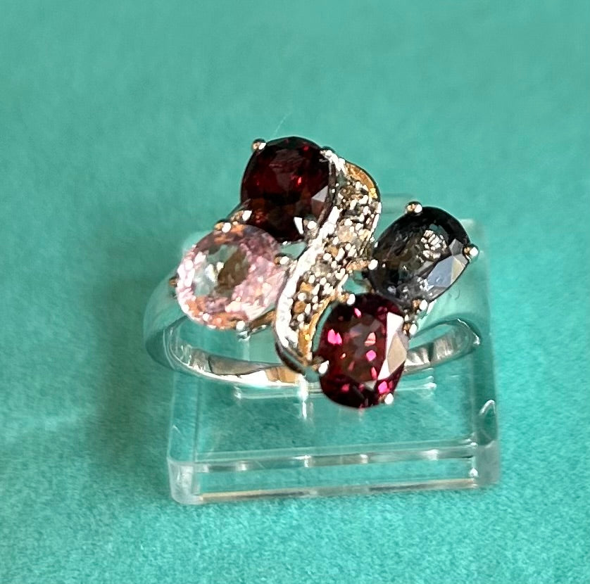 Rare TGGC Sterling Silver, Diamond & Rainbow Tourmaline Statement Ring | 925