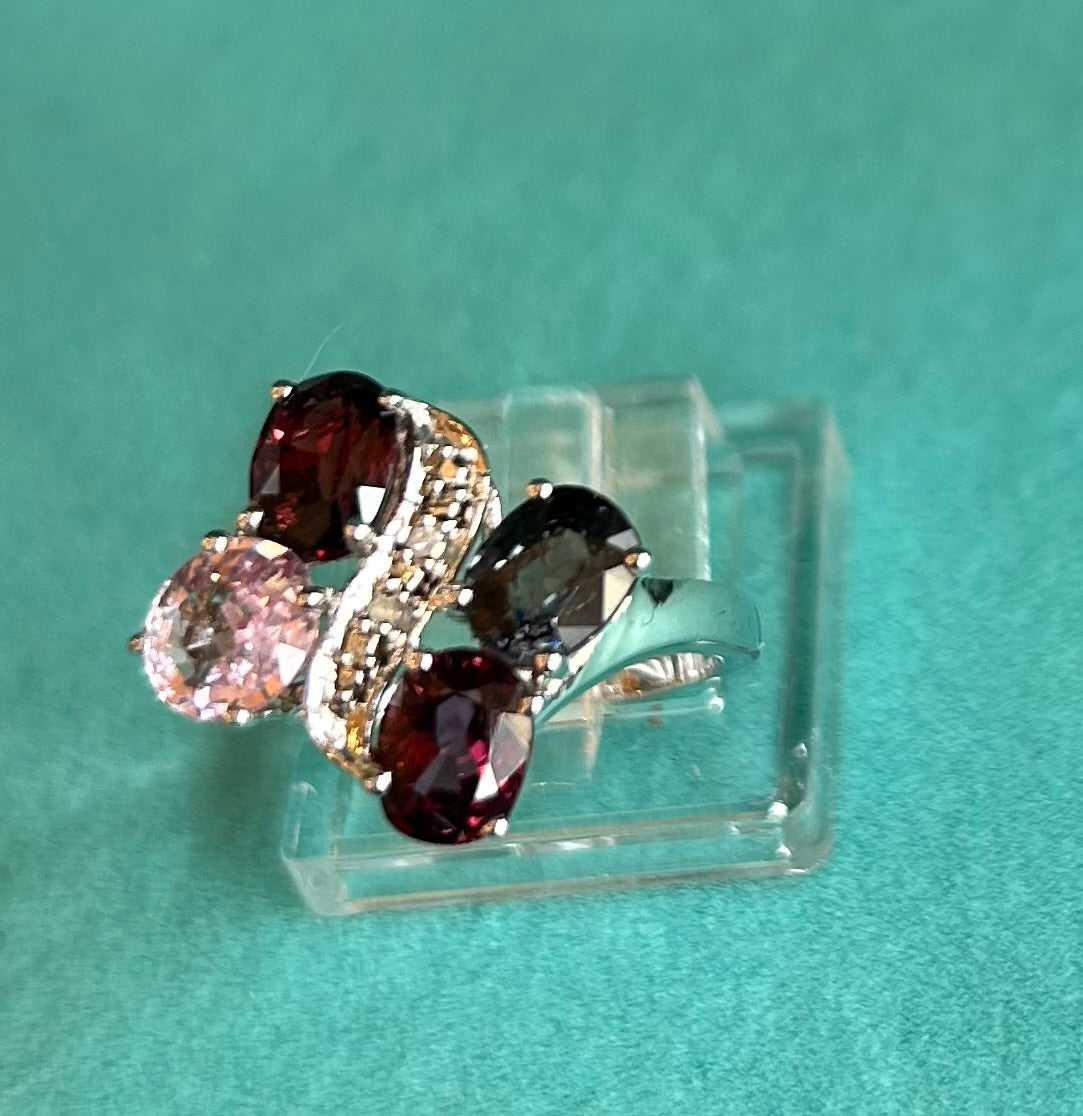 Rare TGGC Sterling Silver, Diamond & Rainbow Tourmaline Statement Ring | 925