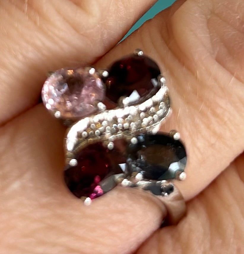 Rare TGGC Sterling Silver, Diamond & Rainbow Tourmaline Statement Ring | 925