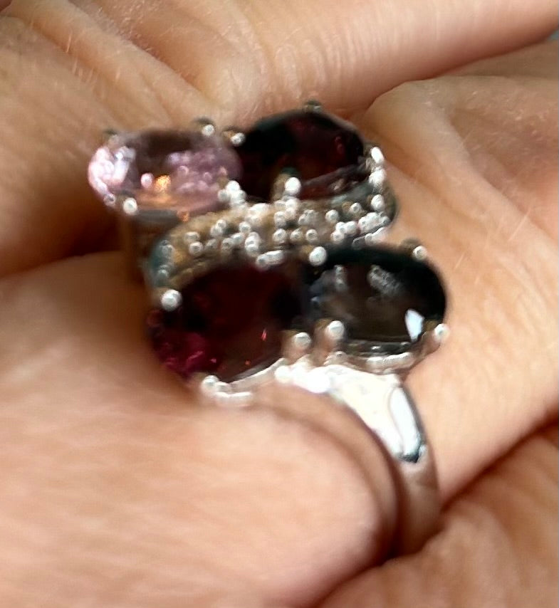 Rare TGGC Sterling Silver, Diamond & Rainbow Tourmaline Statement Ring | 925