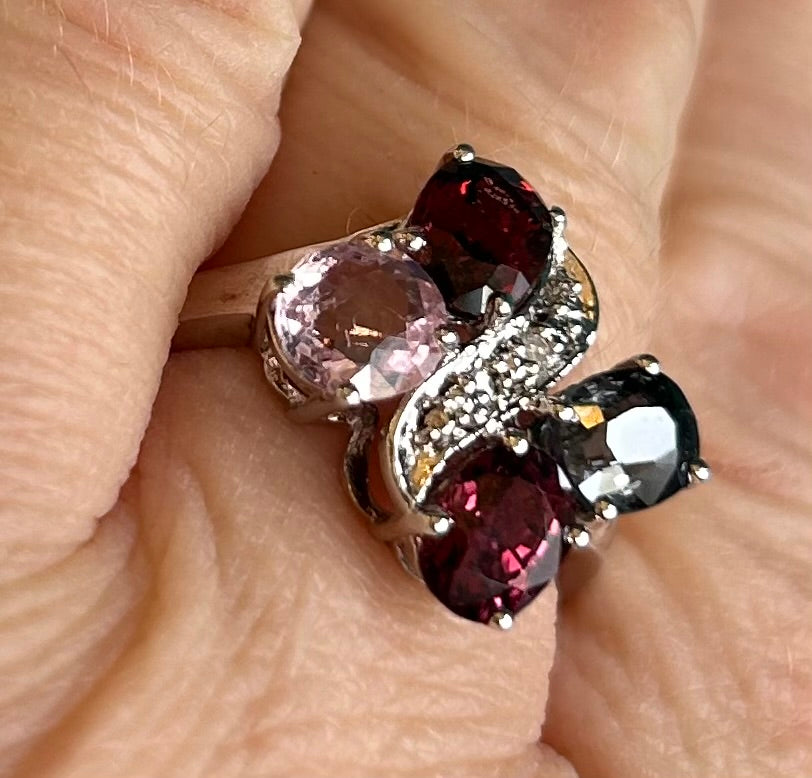 Rare TGGC Sterling Silver, Diamond & Rainbow Tourmaline Statement Ring | 925