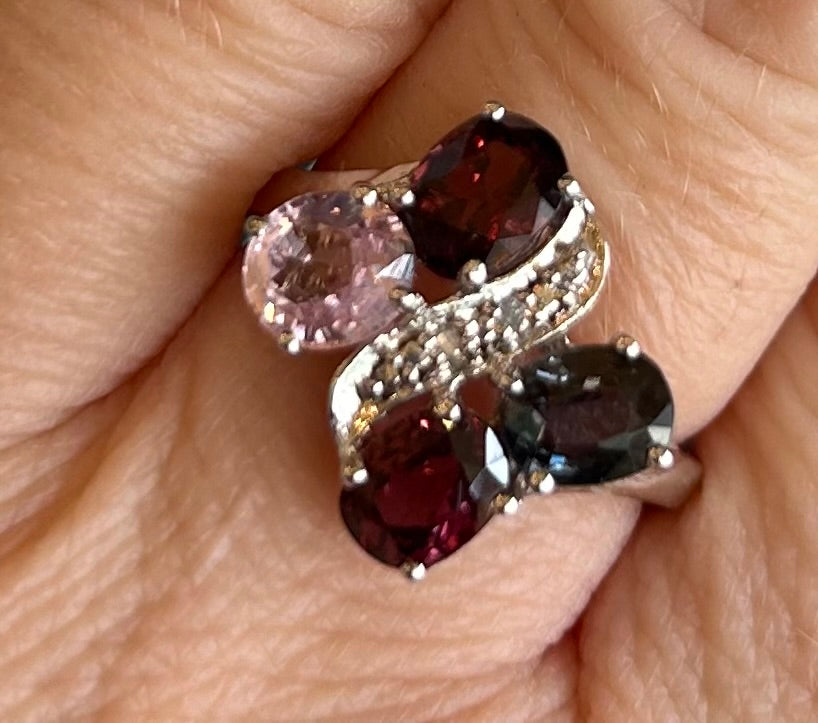 Rare TGGC Sterling Silver, Diamond & Rainbow Tourmaline Statement Ring | 925