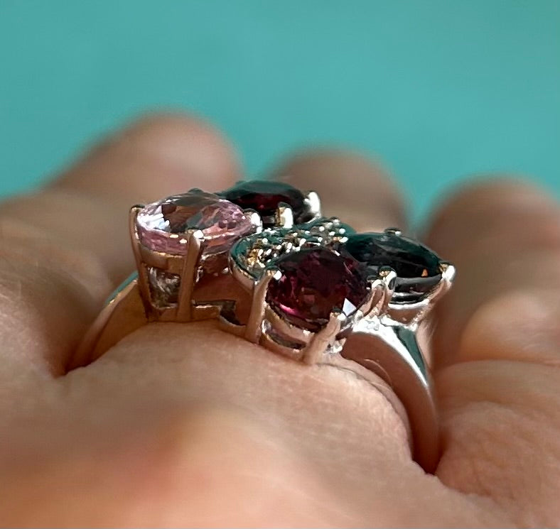 Rare TGGC Sterling Silver, Diamond & Rainbow Tourmaline Statement Ring | 925