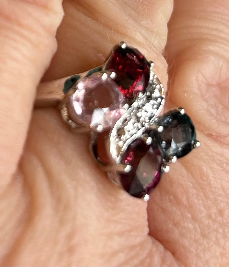 Rare TGGC Sterling Silver, Diamond & Rainbow Tourmaline Statement Ring | 925