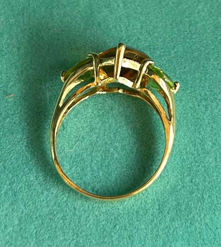 Vibrant Vintage 14k Gold Citrine & Peridot Heart Trilogy Ring 3-Stone Ring Hallmarked