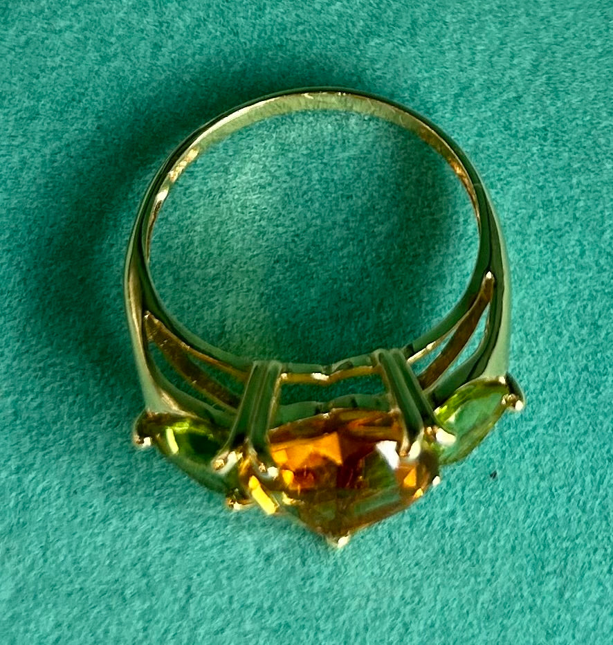Vibrant Vintage 14k Gold Citrine & Peridot Heart Trilogy Ring 3-Stone Ring Hallmarked