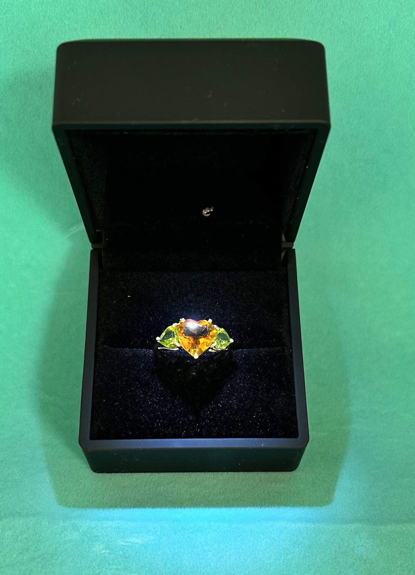 Vibrant Vintage 14k Gold Citrine & Peridot Heart Trilogy Ring 3-Stone Ring Hallmarked