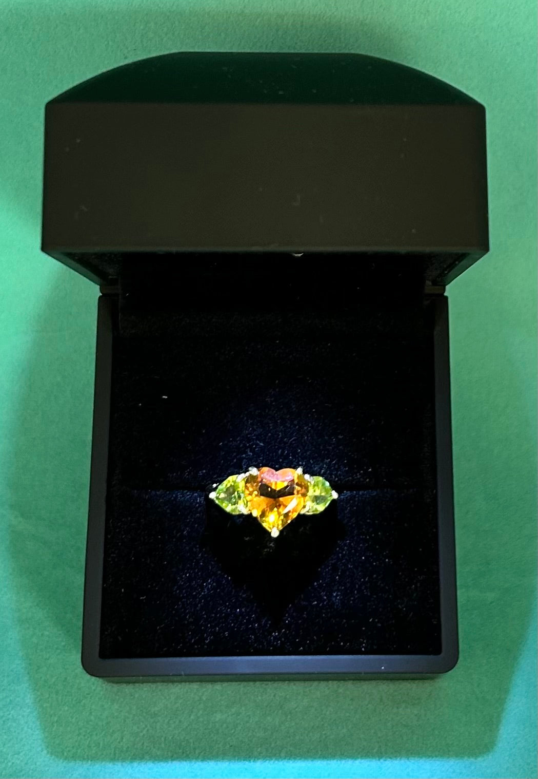 Vibrant Vintage 14k Gold Citrine & Peridot Heart Trilogy Ring 3-Stone Ring Hallmarked