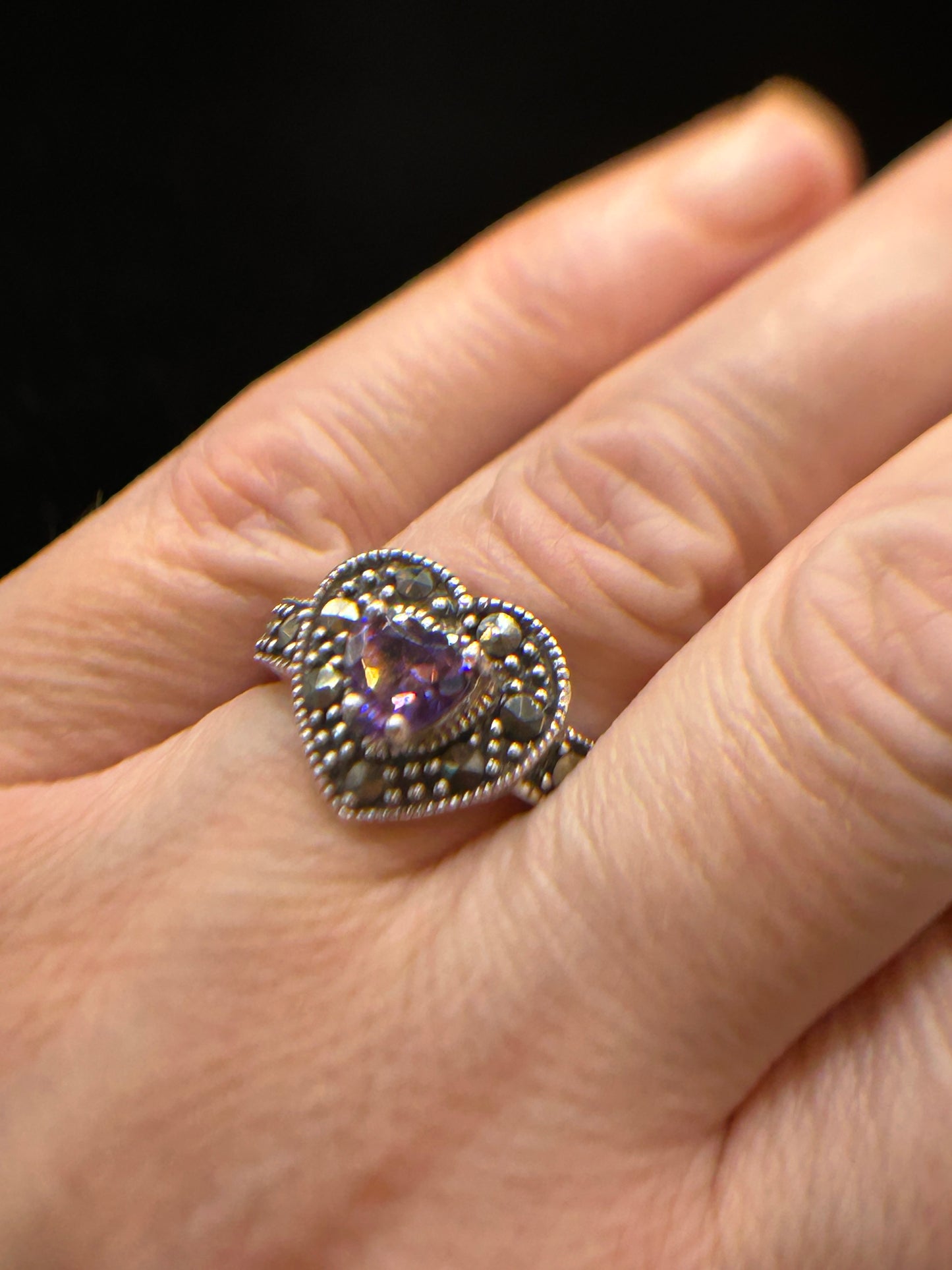 Stunning Silver Marcasite & CZ Heart Ring