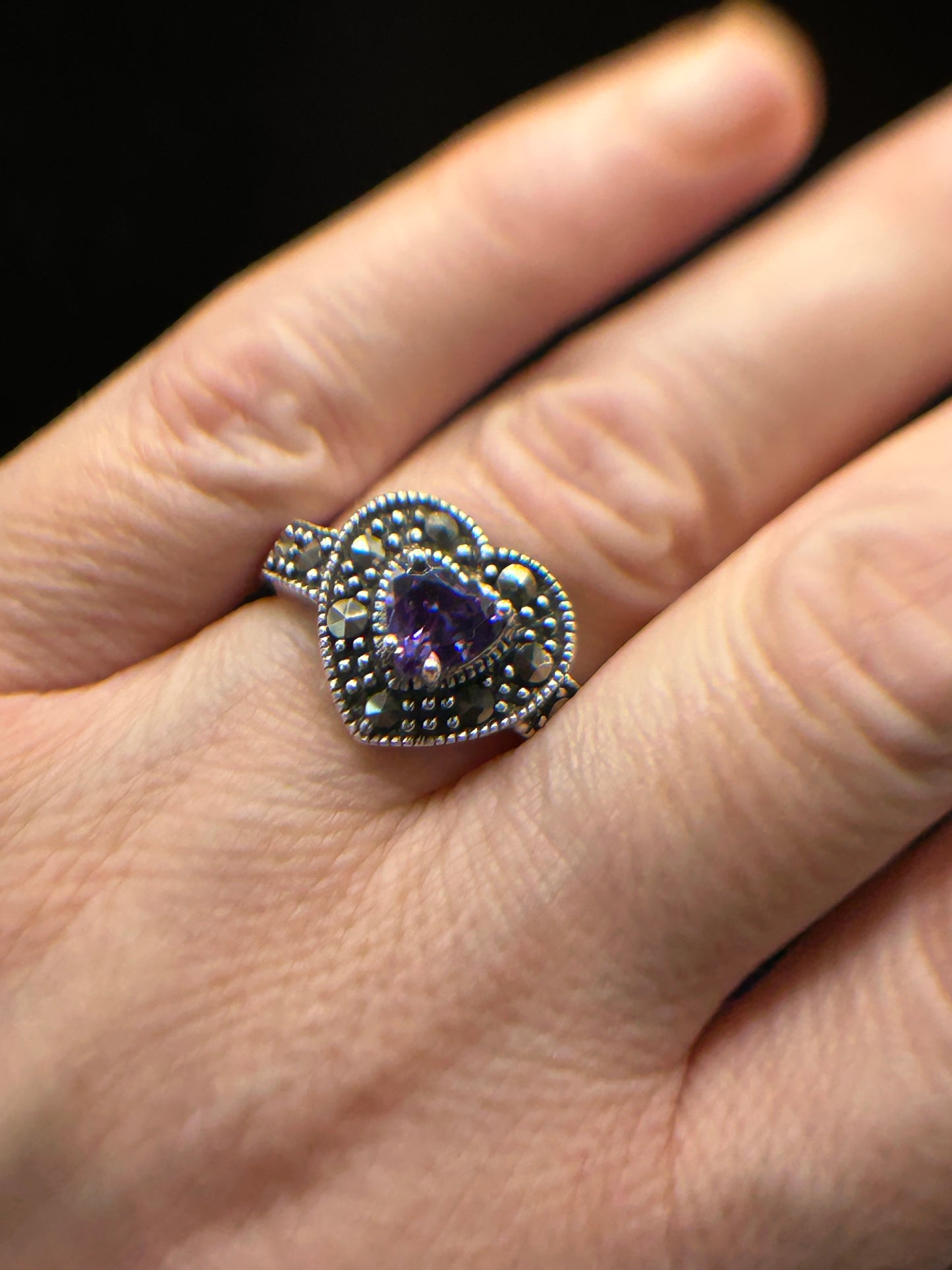 Stunning Silver Marcasite & CZ Heart Ring