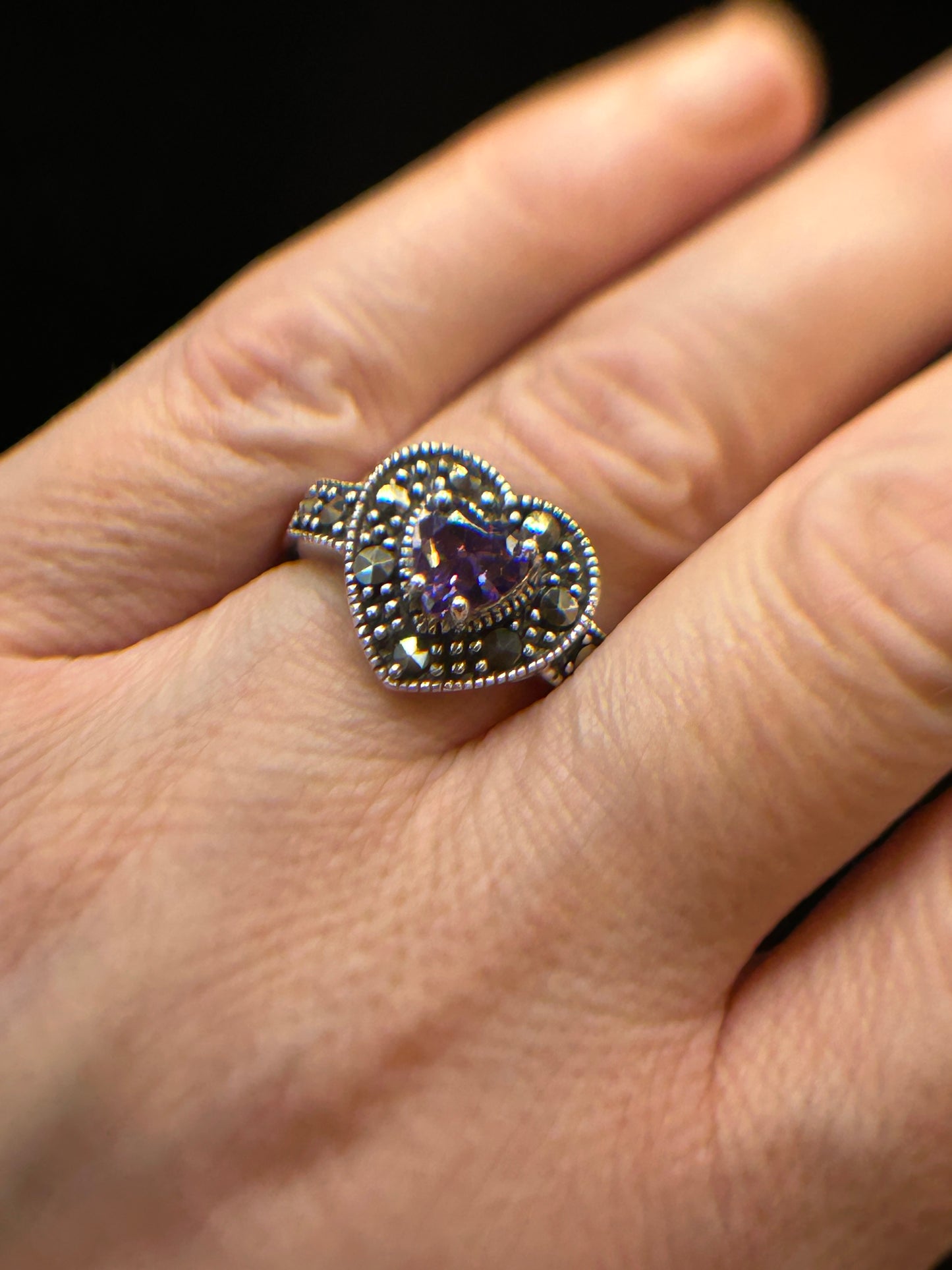 Stunning Silver Marcasite & CZ Heart Ring