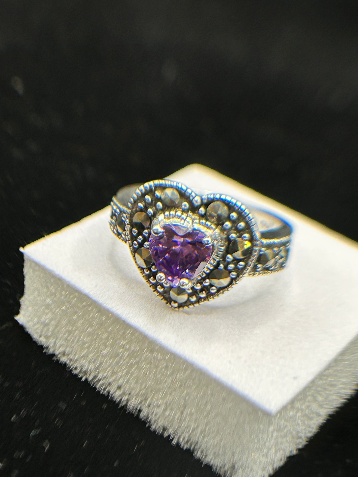 Stunning Silver Marcasite & CZ Heart Ring