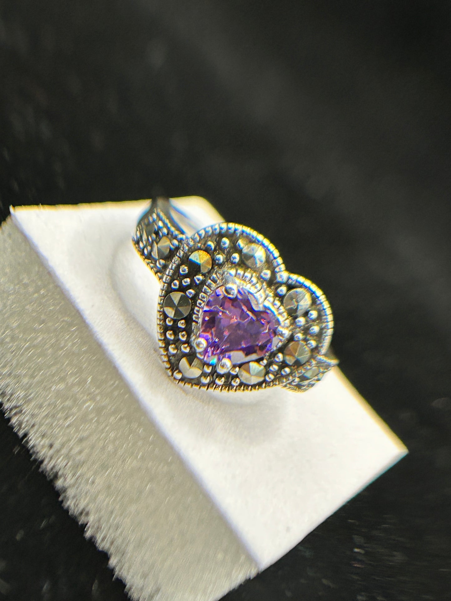 Stunning Silver Marcasite & CZ Heart Ring