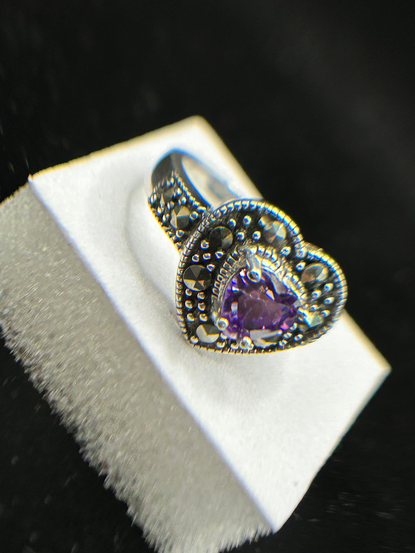 Stunning Silver Marcasite & CZ Heart Ring