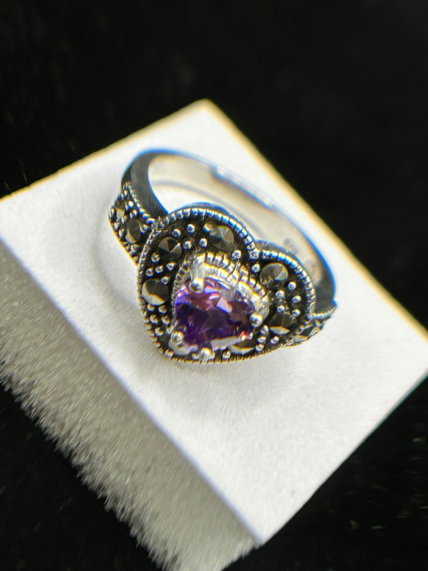 Stunning Silver Marcasite & CZ Heart Ring