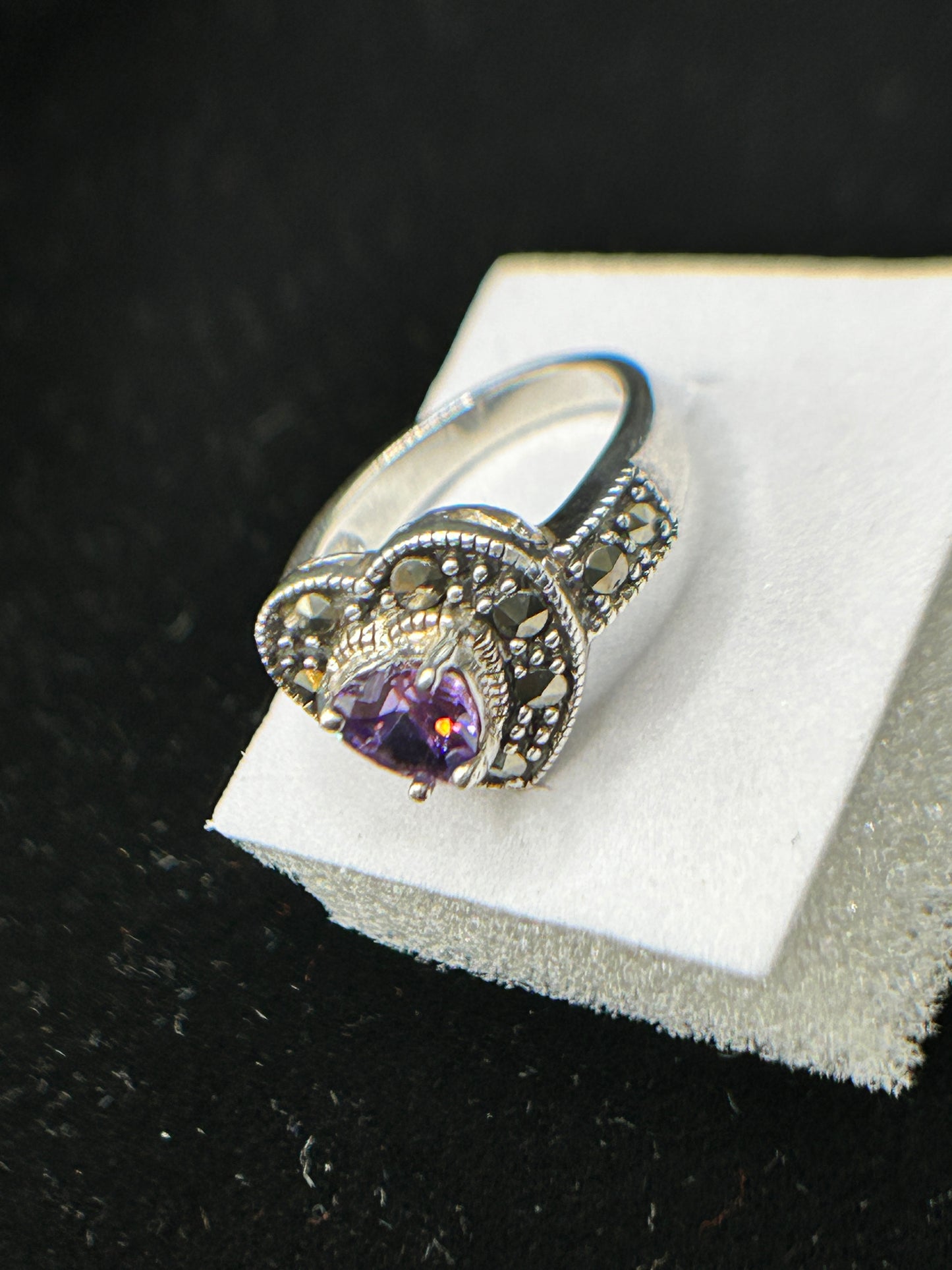 Stunning Silver Marcasite & CZ Heart Ring