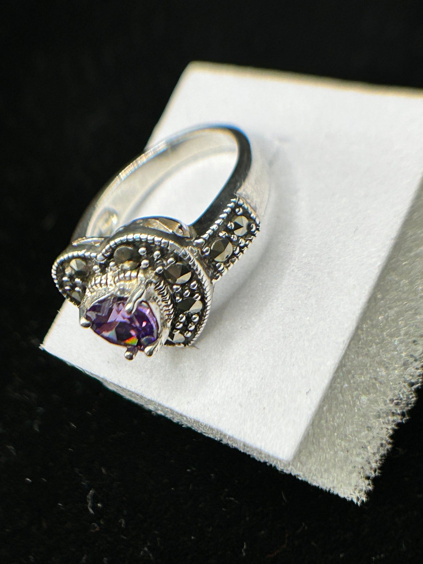 Stunning Silver Marcasite & CZ Heart Ring