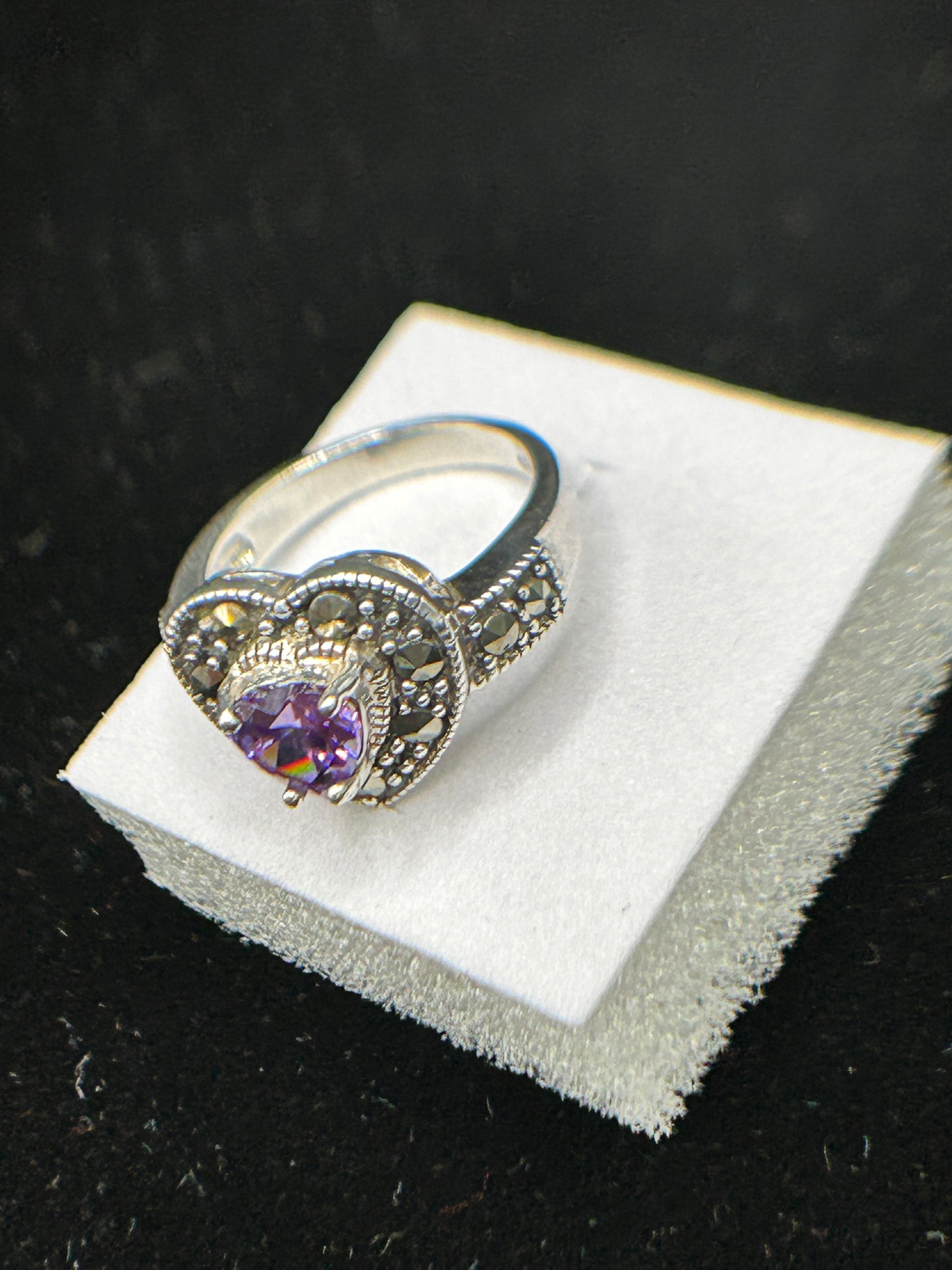 Stunning Silver Marcasite & CZ Heart Ring