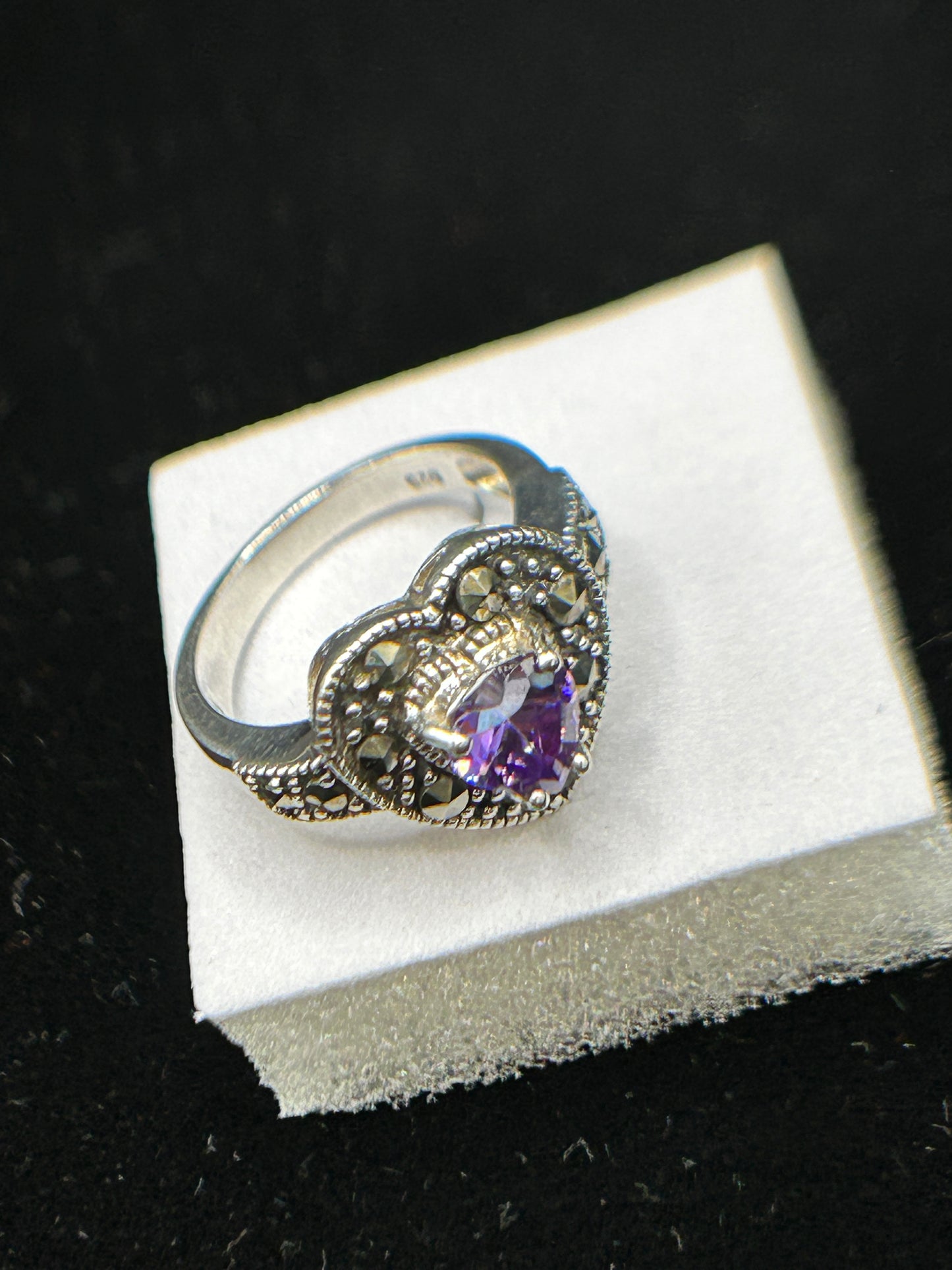 Stunning Silver Marcasite & CZ Heart Ring