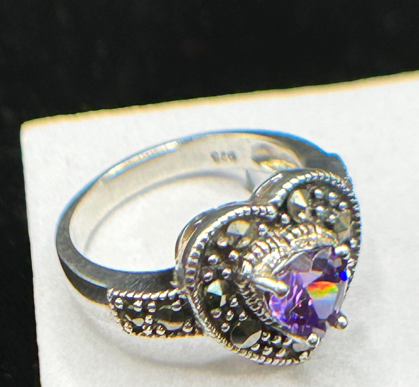 Stunning Silver Marcasite & CZ Heart Ring