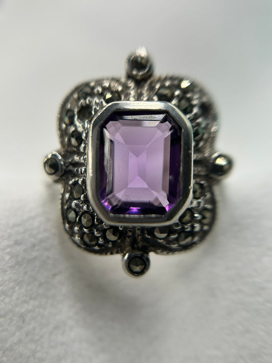 Vintage Amethyst & Marcasite Silver Ring - 2 Missing Stones