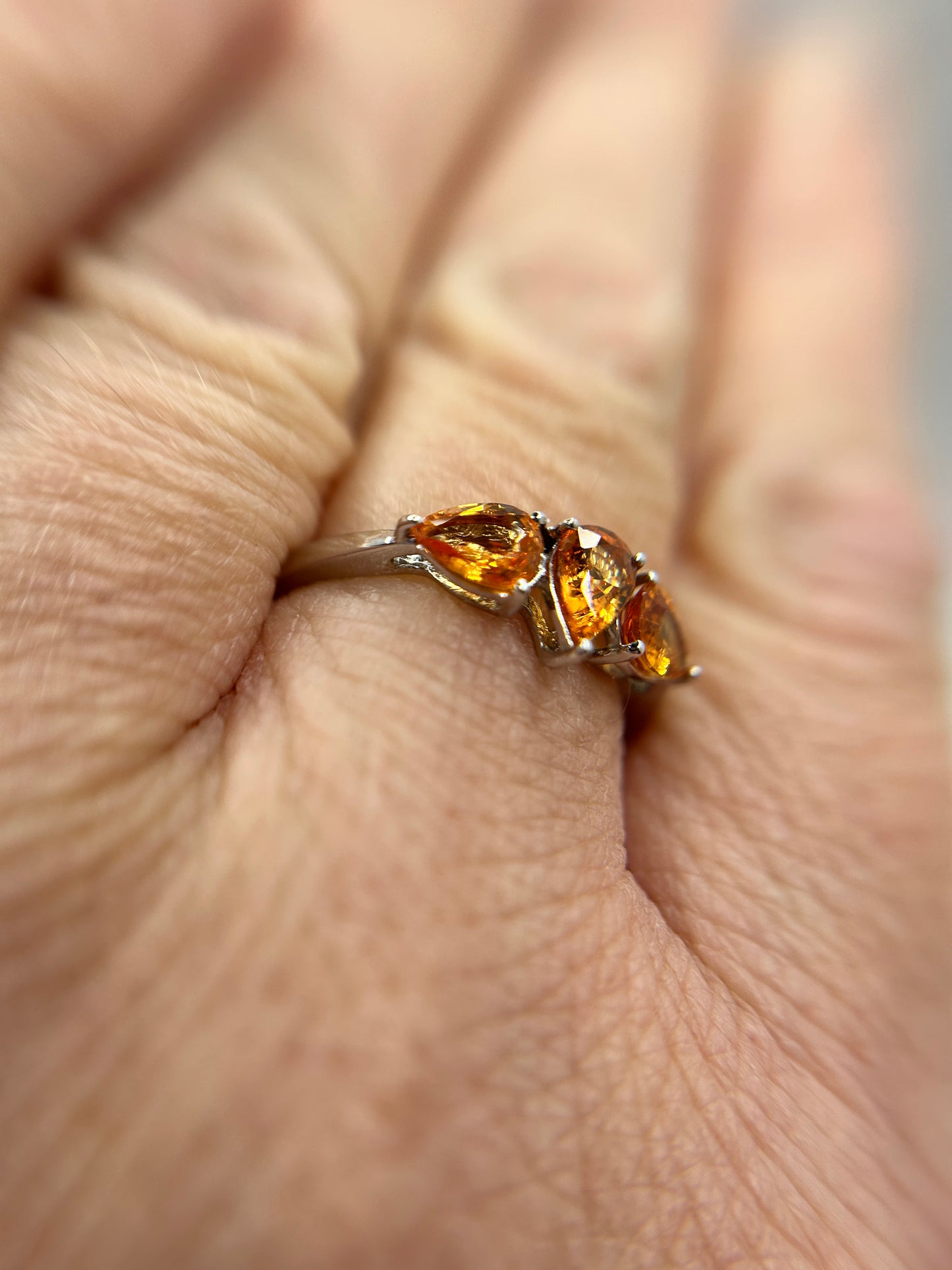 10ct White Gold Madeira Citrine Trilogy Ring Pear Cut Hallmarked