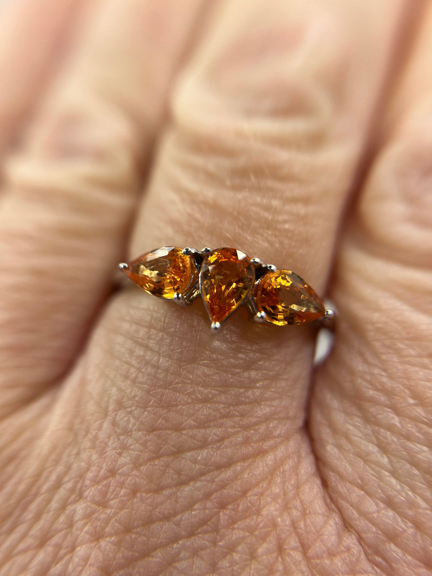 10ct White Gold Madeira Citrine Trilogy Ring Pear Cut Hallmarked