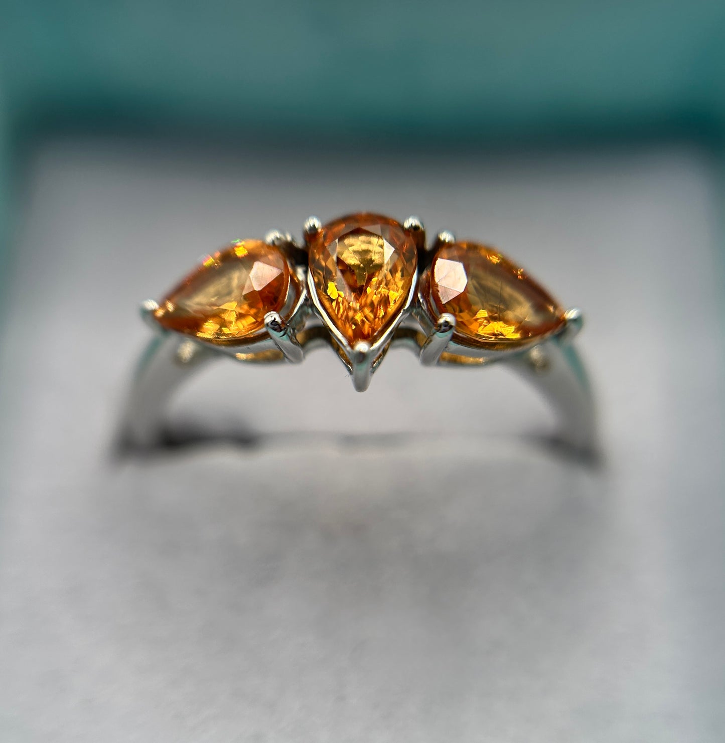 10ct White Gold Madeira Citrine Trilogy Ring Pear Cut Hallmarked