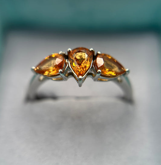 10ct White Gold Madeira Citrine Trilogy Ring Pear Cut Hallmarked