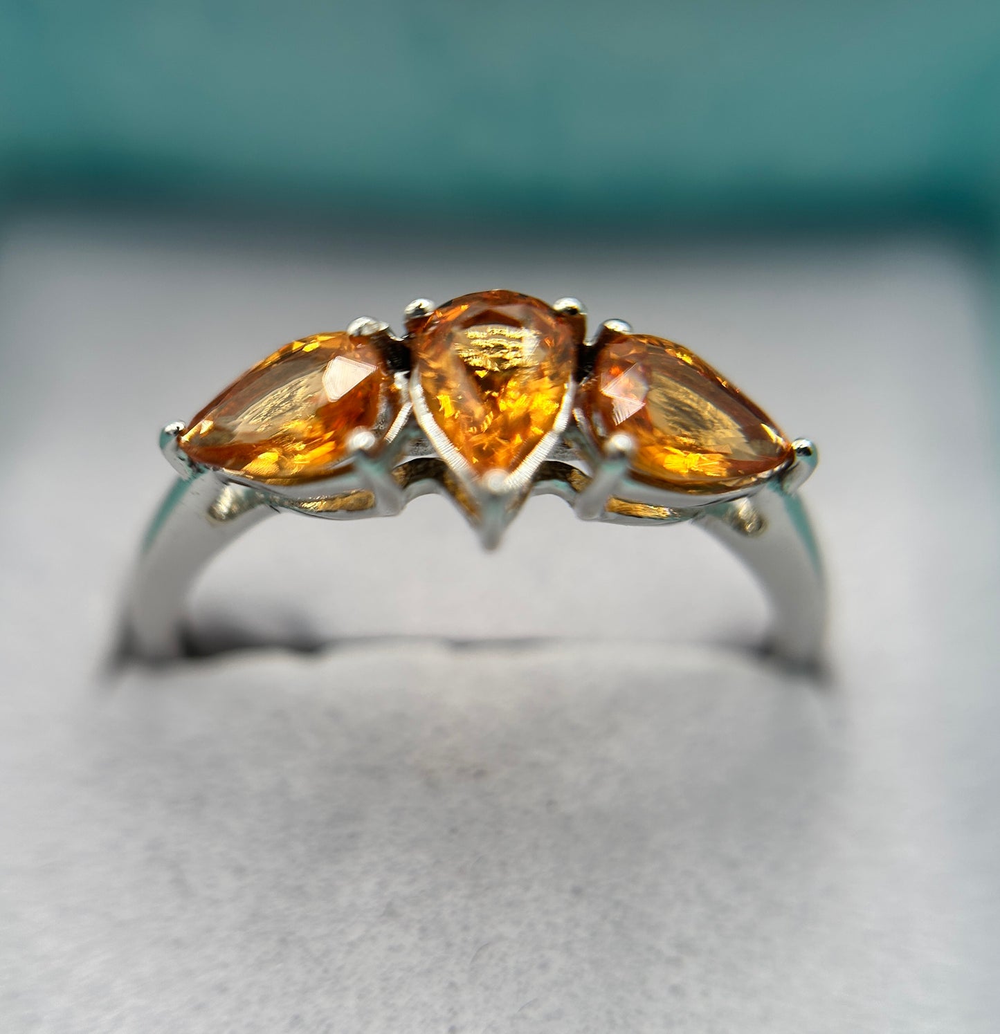 10ct White Gold Madeira Citrine Trilogy Ring Pear Cut Hallmarked