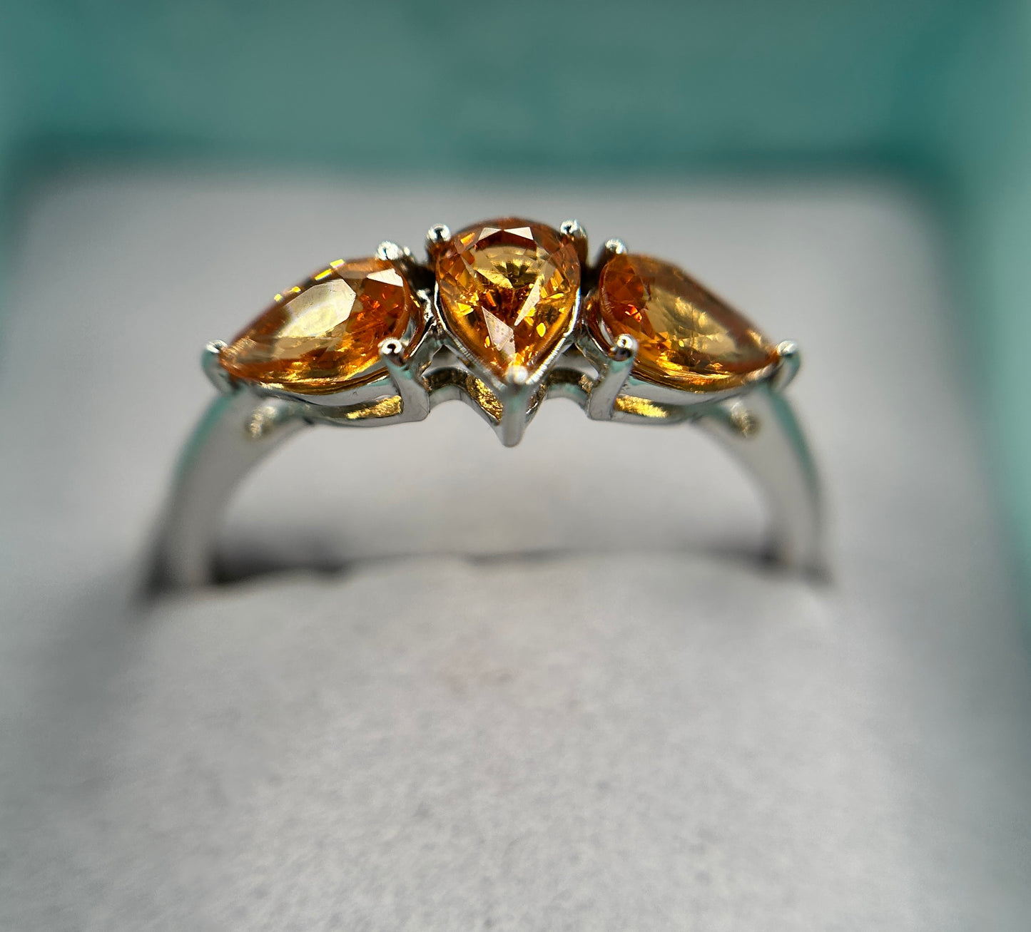 10ct White Gold Madeira Citrine Trilogy Ring Pear Cut Hallmarked