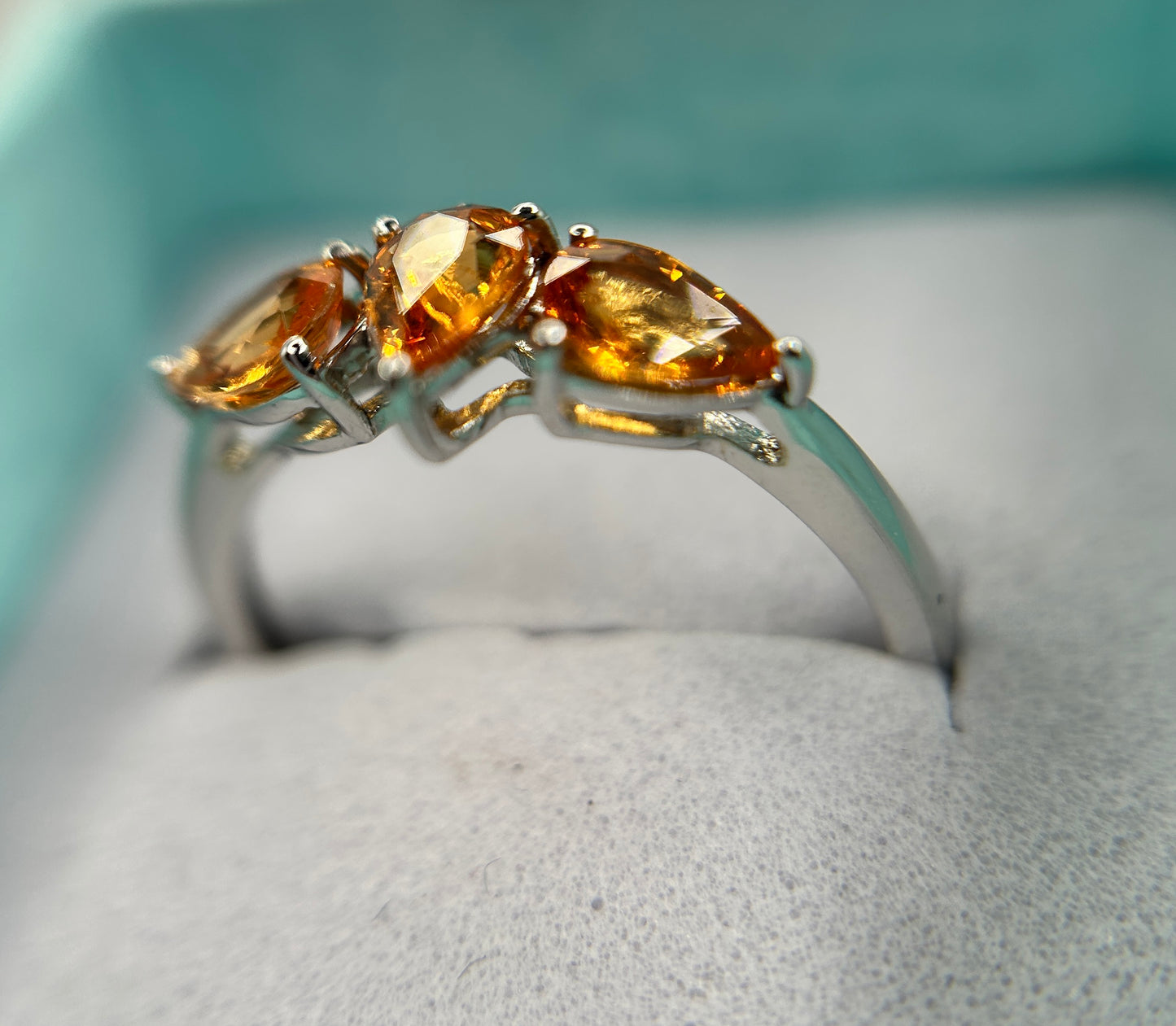 10ct White Gold Madeira Citrine Trilogy Ring Pear Cut Hallmarked