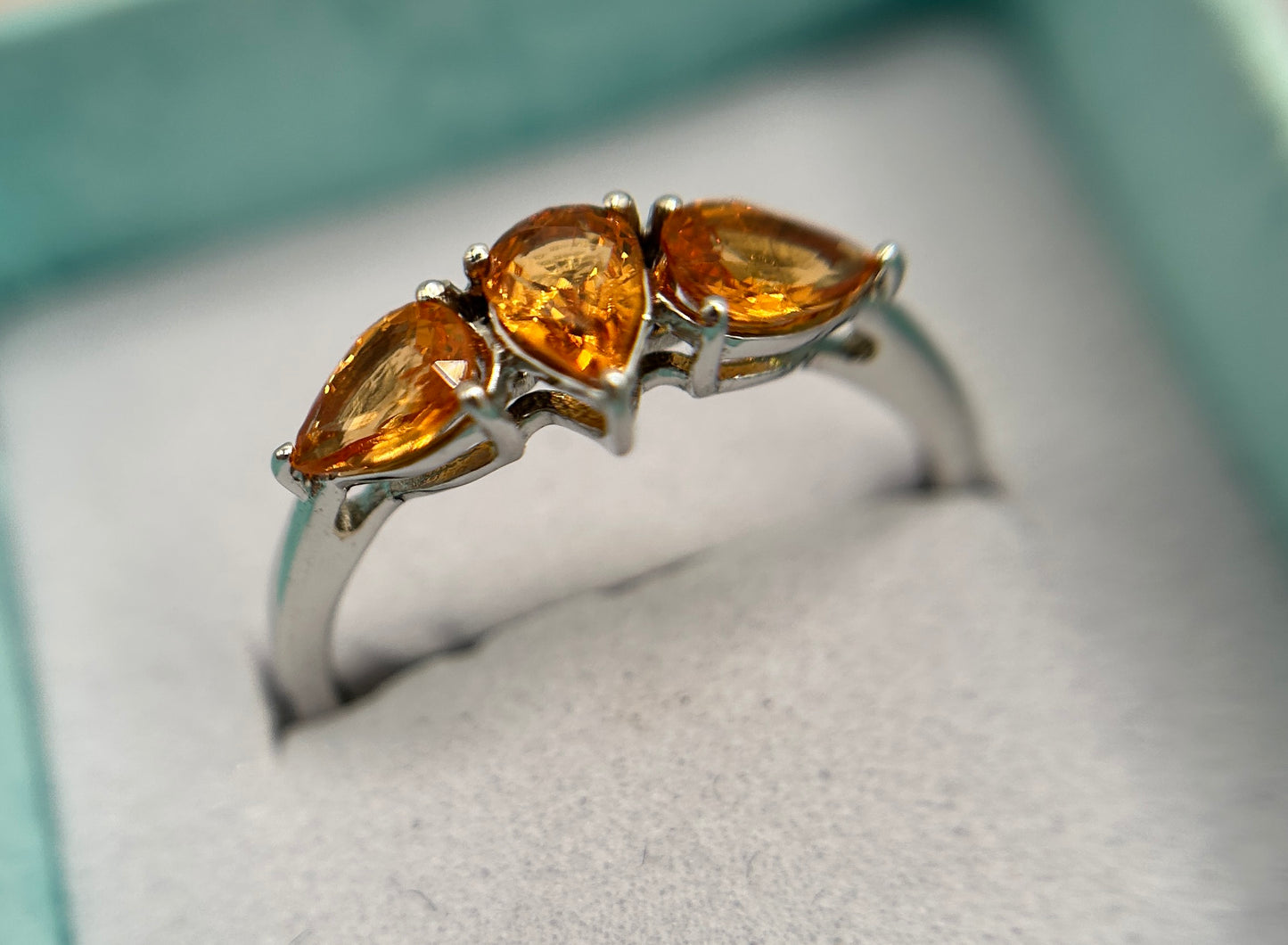 10ct White Gold Madeira Citrine Trilogy Ring Pear Cut Hallmarked