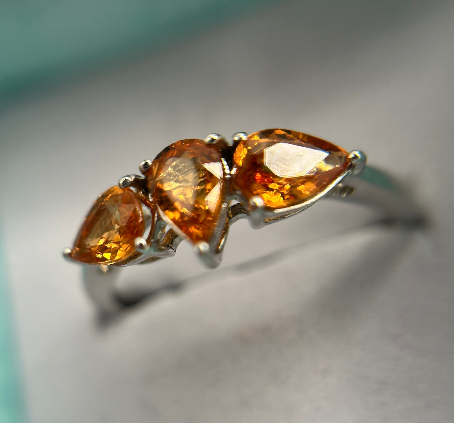 10ct White Gold Madeira Citrine Trilogy Ring Pear Cut Hallmarked