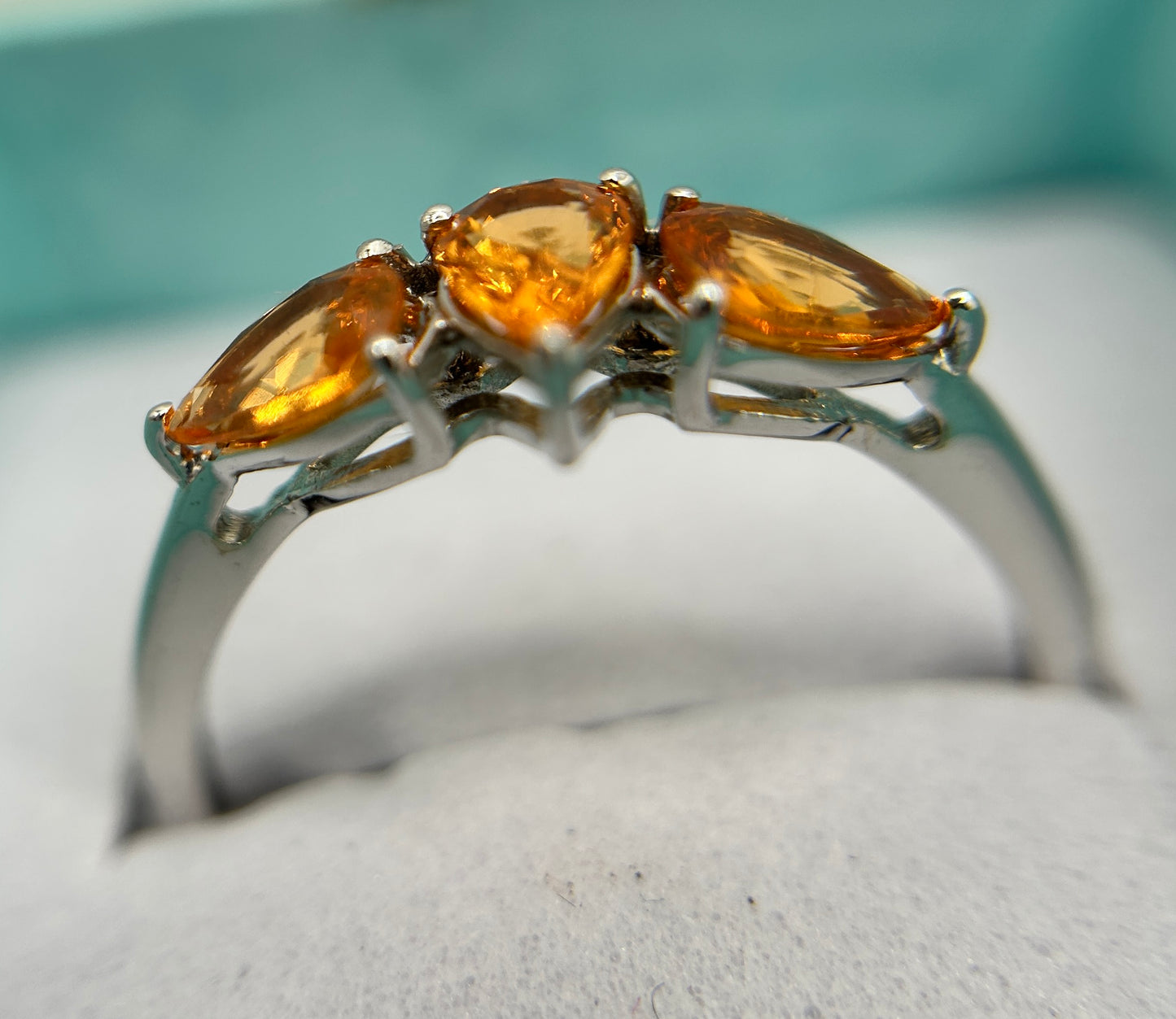 10ct White Gold Madeira Citrine Trilogy Ring Pear Cut Hallmarked