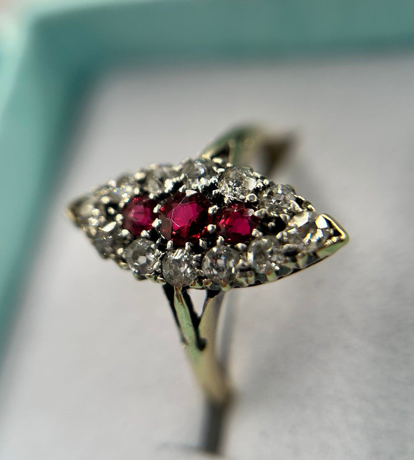 Stunning Vintage 18ct Gold Diamond & Red Spinel Marquise/Navette Cluster Ring